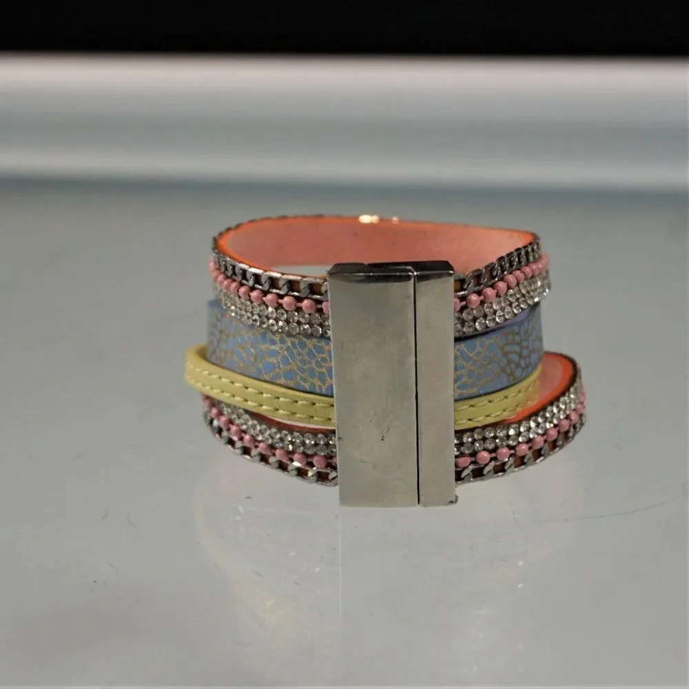 Feather Charm Faux Leather Wrap Bracelet Bling Multi Layer With Magnetic Clasp